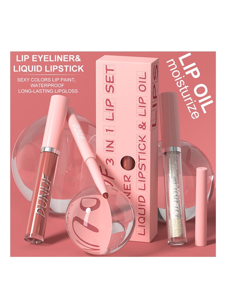 DUNUF 3 In1 Lip Set -（Lip Liner + Liquid Lipstick + Lip Oil）for 24 Hours Long Lasting & Waterproof Lip Makeup #1 - Image 5