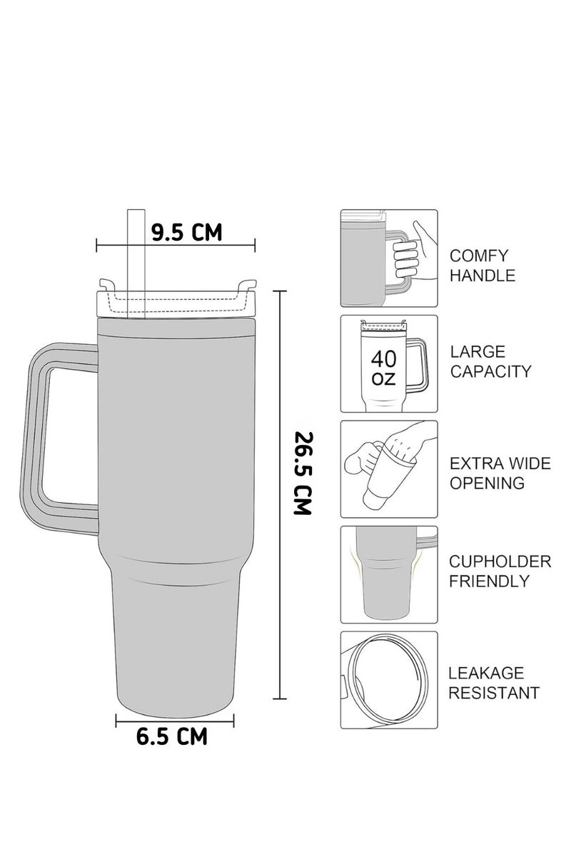 bullga Bullga Thermal Cup with Straw, 40 oz., Drinking Cup with Lid, Handle, and Straw for Hot and Cold Drinks, Portable Cup  - Image 2