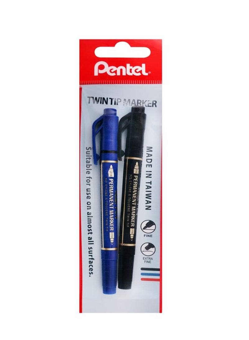 Pentel 2-Pice Twin Tip Permanent Marker Multicolour - Image 1