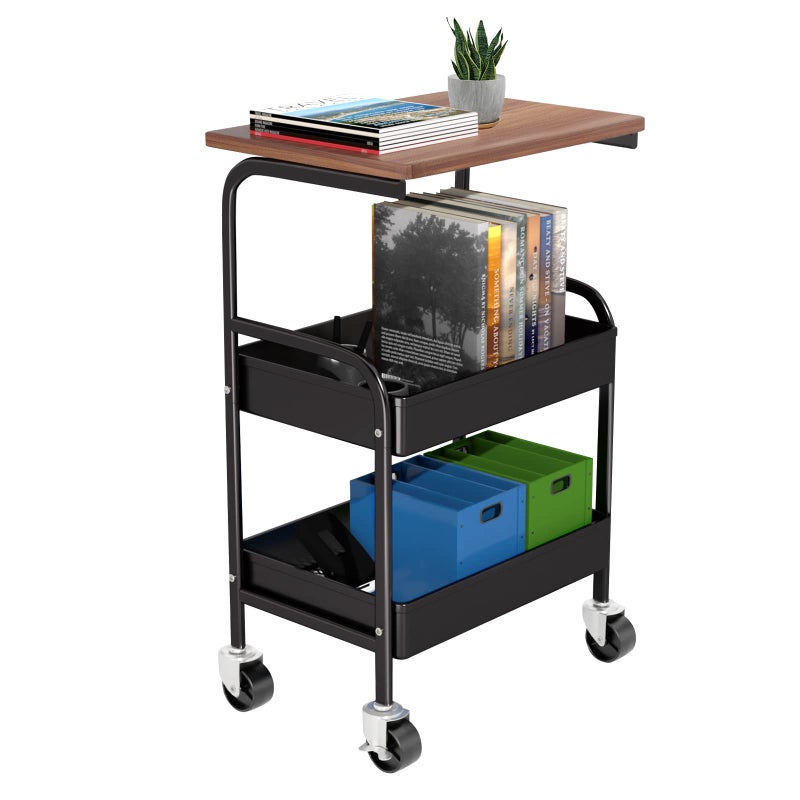 HIDODO Rolling Cart with Wooden Tabletop 3 Tier Metal Utility Cart Rolling Storage Organizer Cart with Lockable Wheels for Kitchen Office Bedroom Black