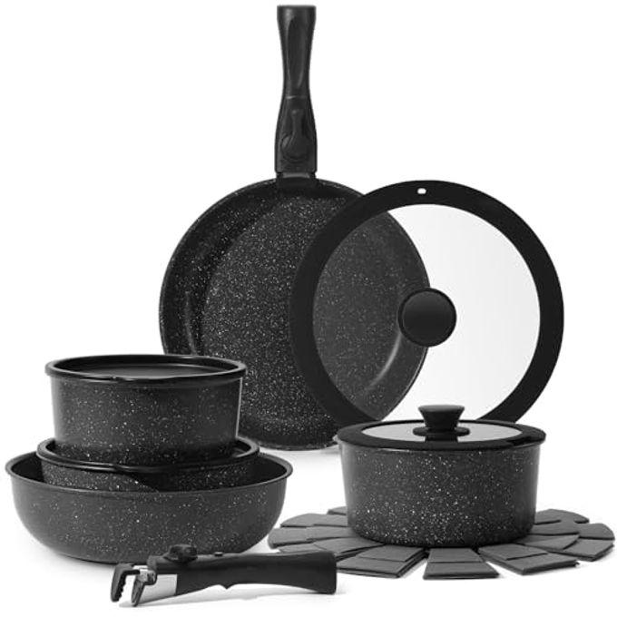 15PCS POTS AND PANS SET NON STICK COOKWARE SETS WITH DETACHABLE HANDLE NONSTICK RV KITCHEN COOKING TOOLS REMOVABLE HANDLES OVEN SAFE INDUCTION FAST STACKABLE INDUCTION COOKWAREBLACK