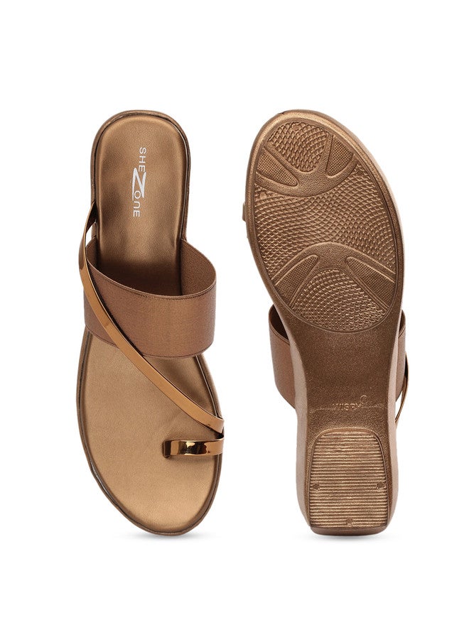 She Zone صنادل شزون النسائية ذات الكعب العريض بلون النحاس - Image 5