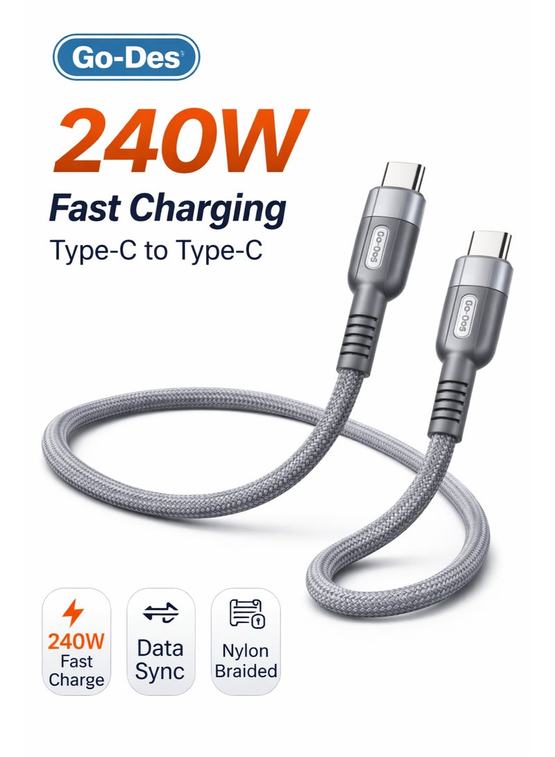 كيبل شحن سريع Go-Des بقوة 240 واط USB-C إلى USB-C بطول 1.5 متر PD 3.1 مضفر نايلون لنقل البيانات متوافق مع آيفون 15/16 وسامسونج وماك بوك واللابتوب - Image 1