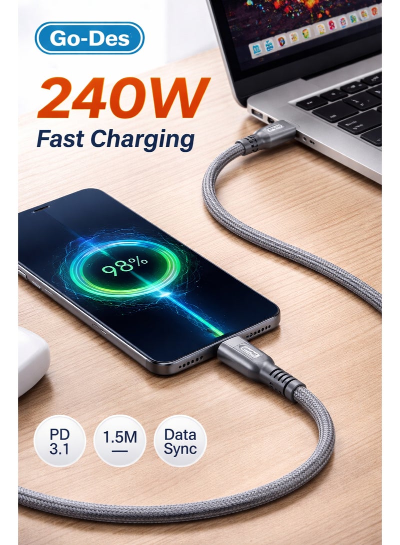 كيبل شحن سريع Go-Des بقوة 240 واط USB-C إلى USB-C بطول 1.5 متر PD 3.1 مضفر نايلون لنقل البيانات متوافق مع آيفون 15/16 وسامسونج وماك بوك واللابتوب - Image 4