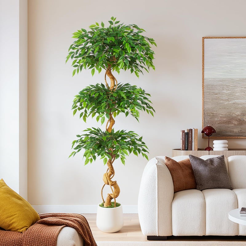 Keeplush 6ft Large Ficus Artificial Trees in White Pot, 72" Tall Fake Silk Tree with Natural Curved Trunk, Lush Faux Ficus Tree for Indoor Home Decor, Living Room, Office & Patio - Image 2