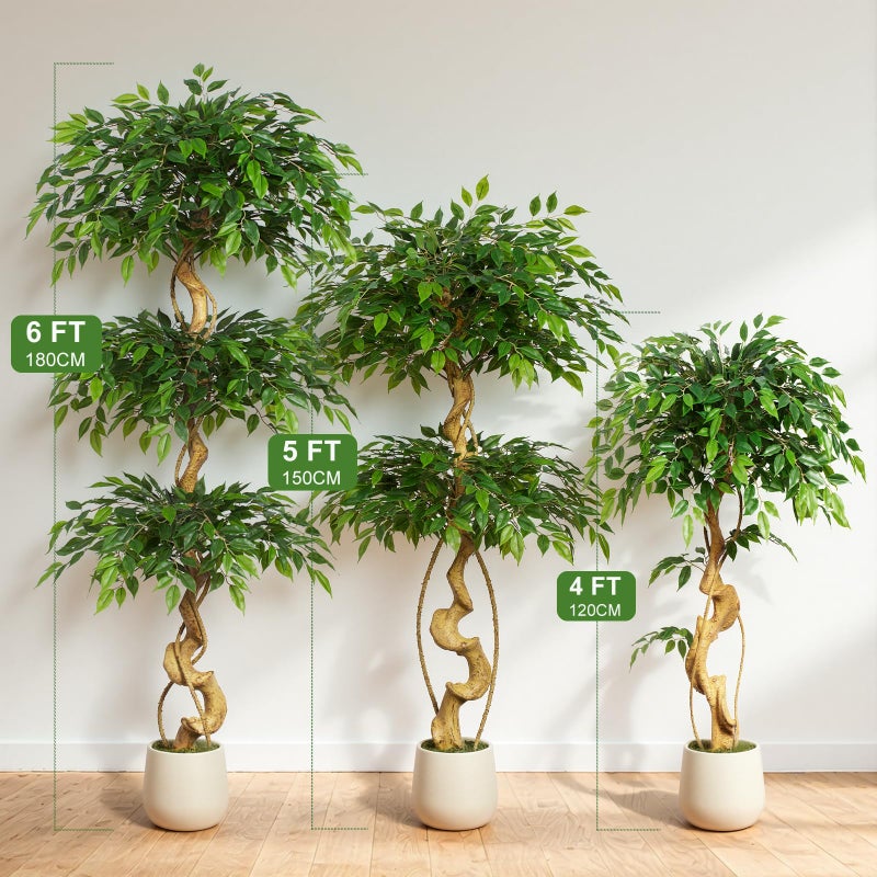 Keeplush 6ft Large Ficus Artificial Trees in White Pot, 72" Tall Fake Silk Tree with Natural Curved Trunk, Lush Faux Ficus Tree for Indoor Home Decor, Living Room, Office & Patio - Image 5