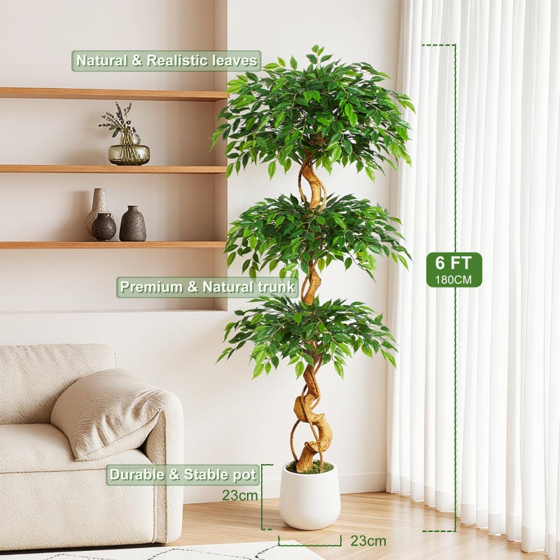 Keeplush 6ft Large Ficus Artificial Trees in White Pot, 72" Tall Fake Silk Tree with Natural Curved Trunk, Lush Faux Ficus Tree for Indoor Home Decor, Living Room, Office & Patio - Image 3