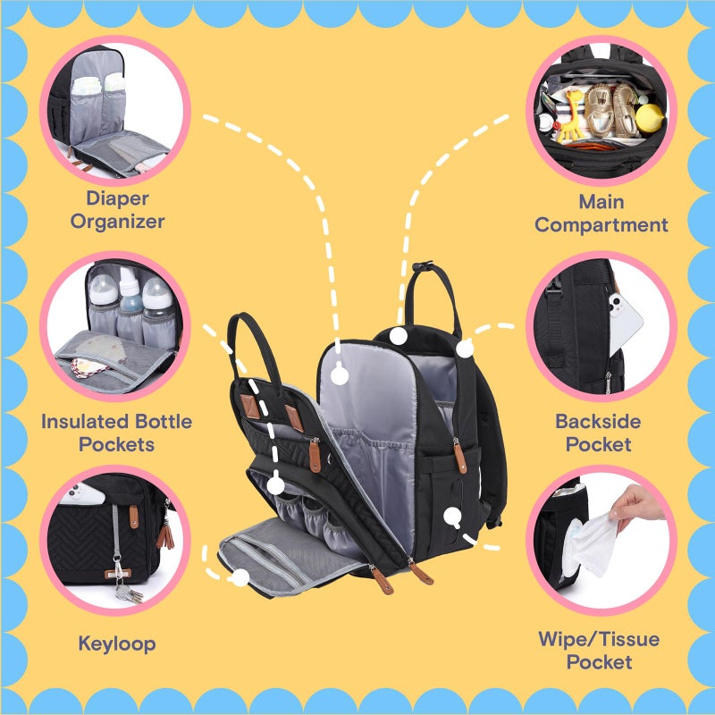iniuniu Diaper Bag Backpack, 4 in 1 kit Large Unisex Baby Boys Girls Waterproof Travel Back Pack with Diaper Pouch, Washable Changing Pad, Pacifier Case and Stroller Straps, Black - Image 4