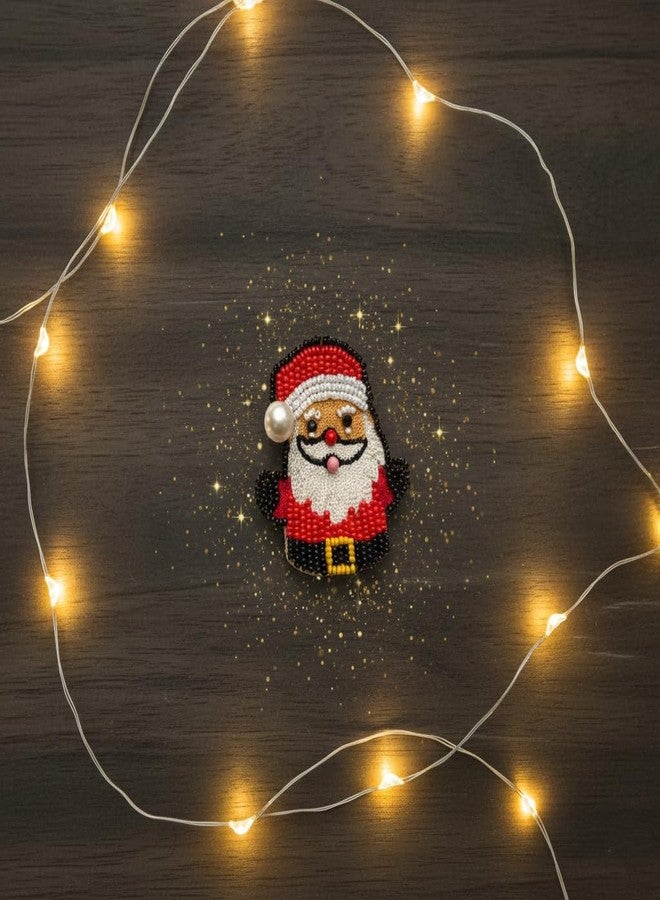 Abeo Handcrafted Santa Claus Brooch with Pearl Accent, Beaded Christmas Festive Pin, Red and Black Holiday Accessory - Image 3