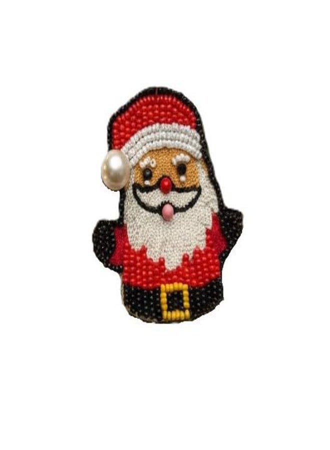 Abeo Handcrafted Santa Claus Brooch with Pearl Accent, Beaded Christmas Festive Pin, Red and Black Holiday Accessory - Image 2
