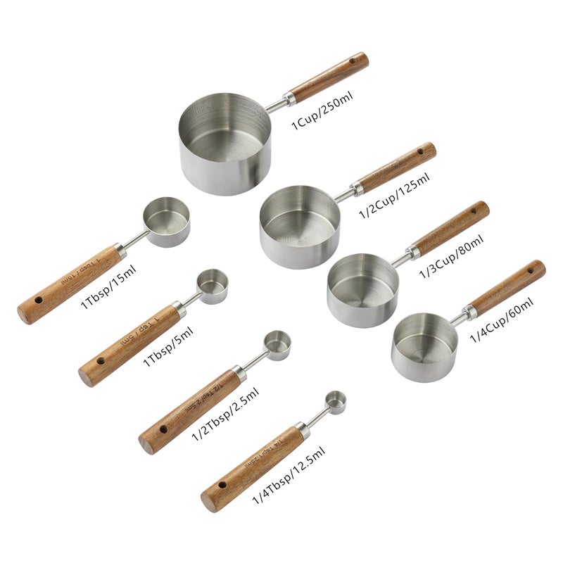 DAJLFA 8PCS Measuring Cups, DAJLFA Stainless Steel Measuring Cups and Spoons Set with Ergonomic Wooden Handle for Cooking & Baking - Image 2