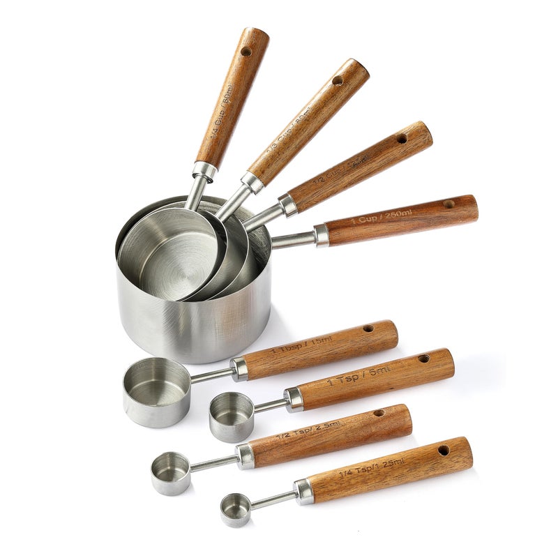 DAJLFA 8PCS Measuring Cups, DAJLFA Stainless Steel Measuring Cups and Spoons Set with Ergonomic Wooden Handle for Cooking & Baking - Image 1