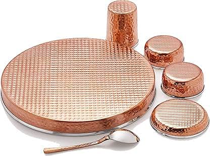 Yadav Craft Dinner Set Stainless and Copper Dinner Thali Dinnerware Gifting Purposes Heavy Weight Dinner Set of 6 Pieces - Image 1