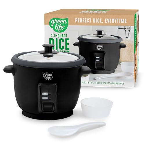 GreenLife Rice Cooker with Removable PFAS-Free Ceramic Nonstick Pot, 3-Cups Uncooked/6-Cups Cooked, Grains & Oatmeal Multicooker, Compact One-Switch Design, Auto Keep Warm, Easy Clean, Black - Image 1