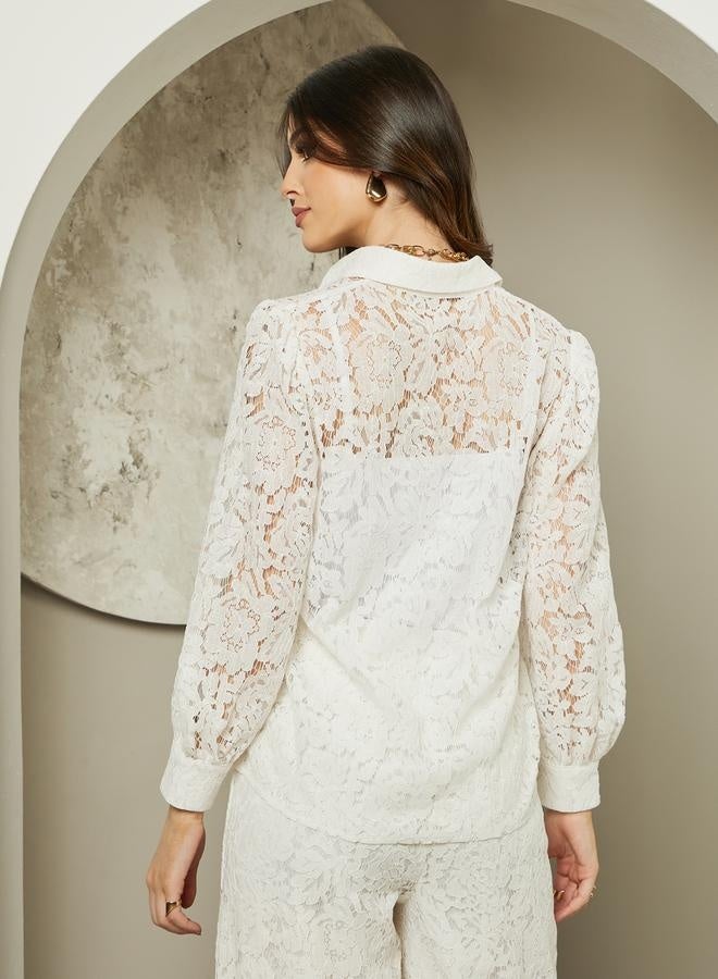 Styli Textured Balloon Sleeve Spread Collar Lace Shirt  - Image 5