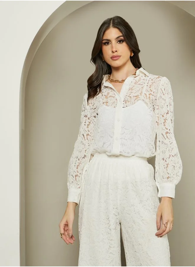 Styli Textured Balloon Sleeve Spread Collar Lace Shirt