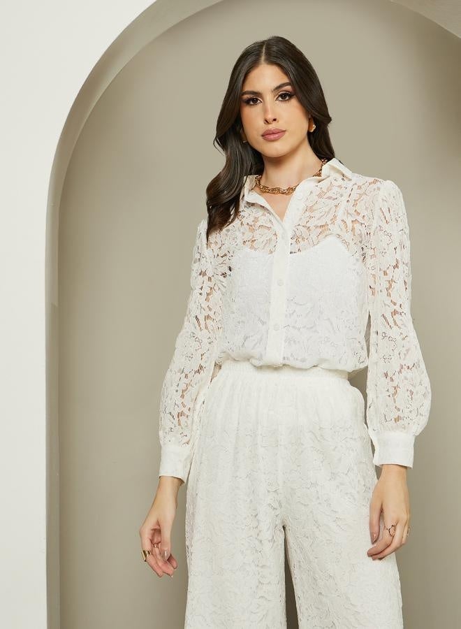 Styli Textured Balloon Sleeve Spread Collar Lace Shirt  - Image 1