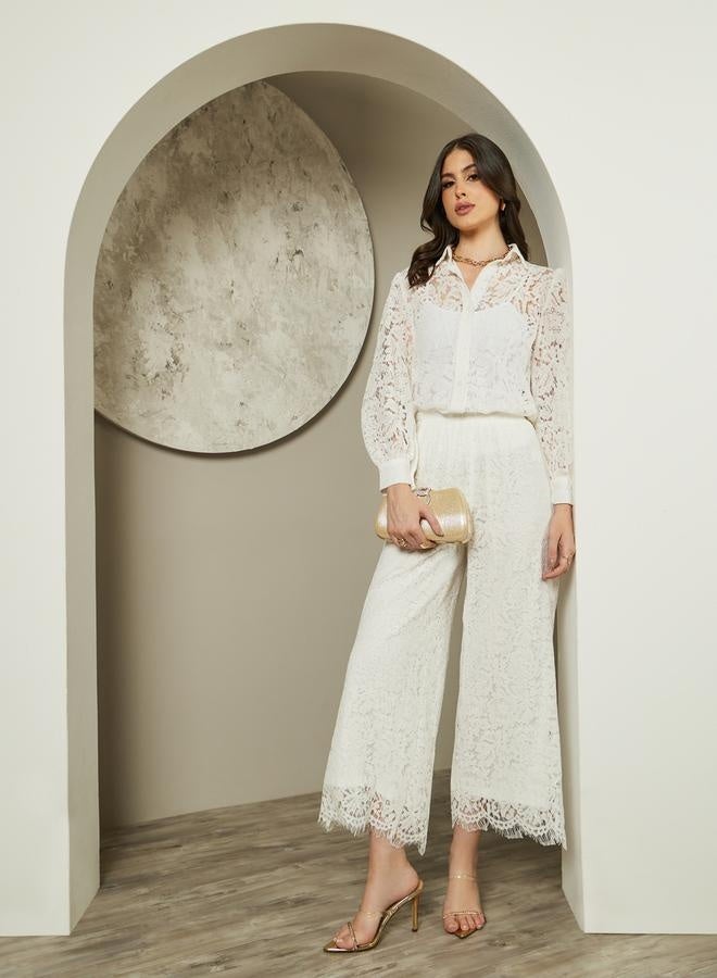 Styli Textured Balloon Sleeve Spread Collar Lace Shirt  - Image 3