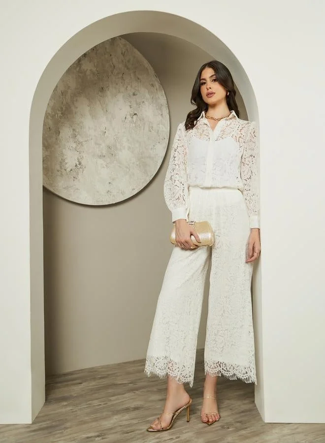 Styli  Textured Balloon Sleeve Spread Collar Lace Shirt for Women | Best Price UAE