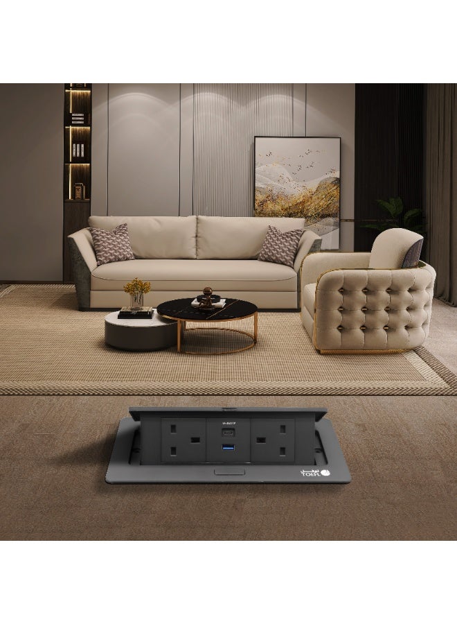 TOEFL 2-Gang Flush-Mounted Grounded Socket – Triple Outlet with USB & Type-C, Stone Black Color - Image 1