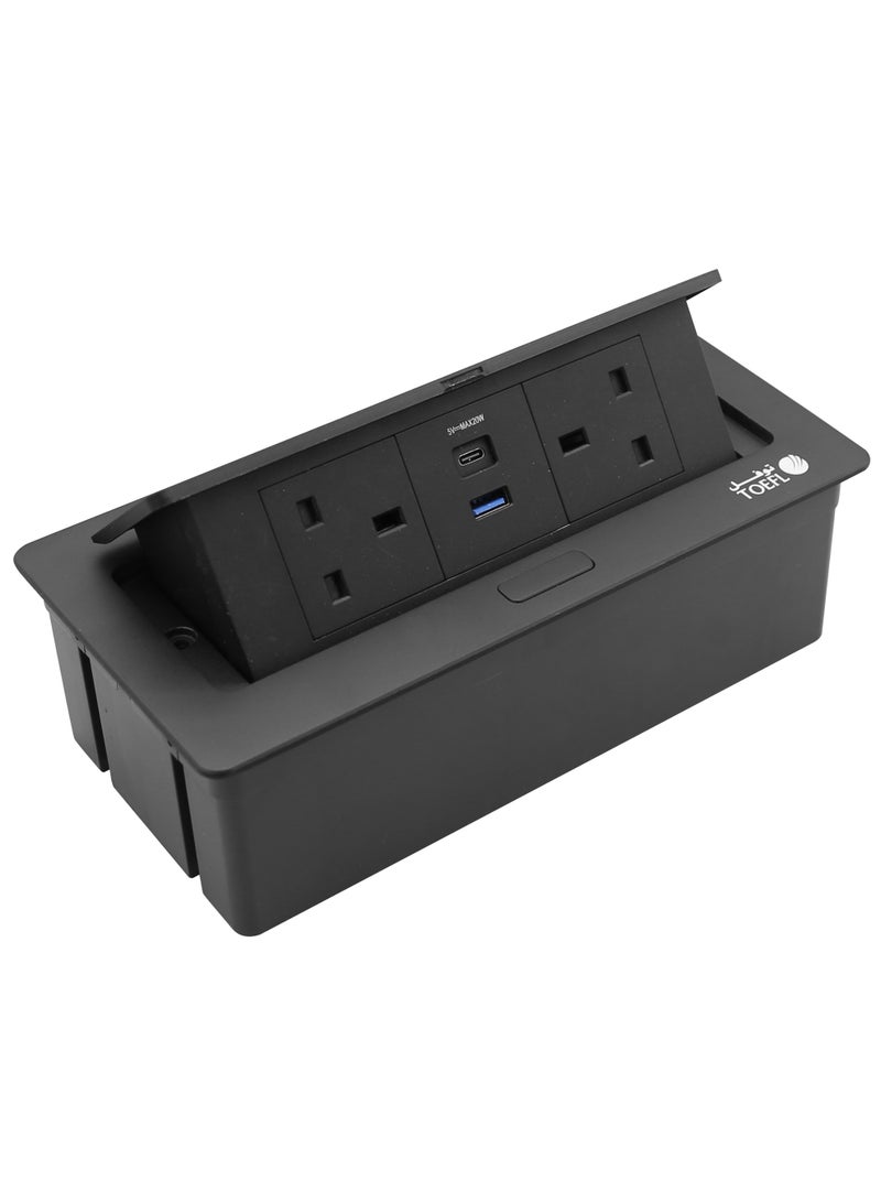 TOEFL 2-Gang Flush-Mounted Grounded Socket – Triple Outlet with USB & Type-C, Stone Black Color - Image 2