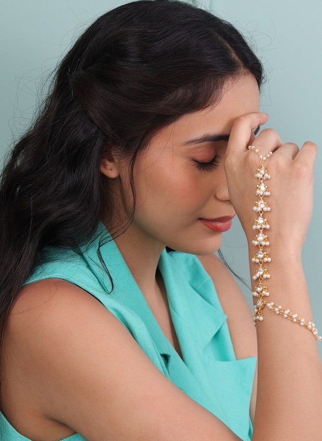 Binnis Wardrobe Kundan-Studded & Pearls Beaded Ring Bracelet - Image 3