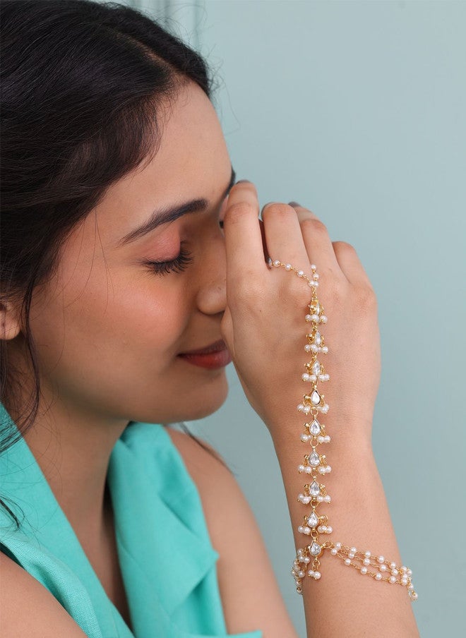 Binnis Wardrobe Kundan-Studded & Pearls Beaded Ring Bracelet - Image 1