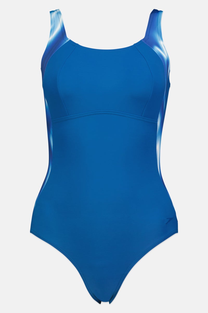 speedo Women Marble Print Non Padded One Piece Swimsuit, Blue - Image 2