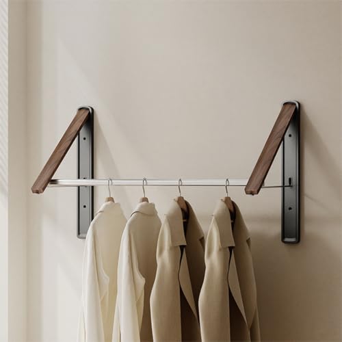 HGZBS Retractable Wall Mounted Drying Rack - Foldable Clothes Hanger in Walnut or Oak Color for Laundry Room, Closet & Balcony (Walnut, 2 Racks + Rod) - Image 1