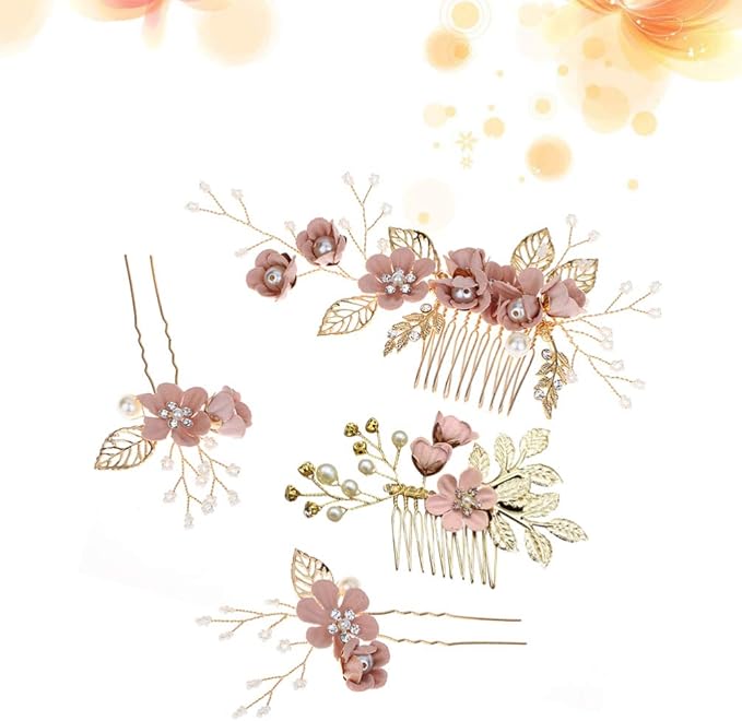 Toyvian 4pcs Handmade Wedding Hair Comb Clip Floral Girls Bridal Hair Accessories Rhinestone Hair Piece for Brides and Bridesmaid Pink