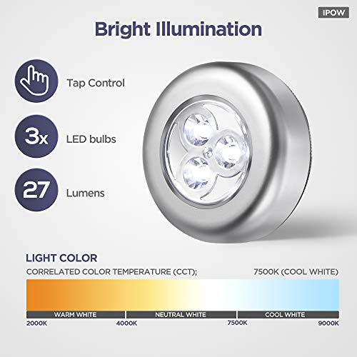 IPOW 5 Pack LED Battery-Powered Wireless Night Light Stick Tap Touch Lamp Stick-on Push Light for Closets, Cabinets, Counters, or Utility Rooms,Cordless Touch Light,Batteris Not Included. - Image 3