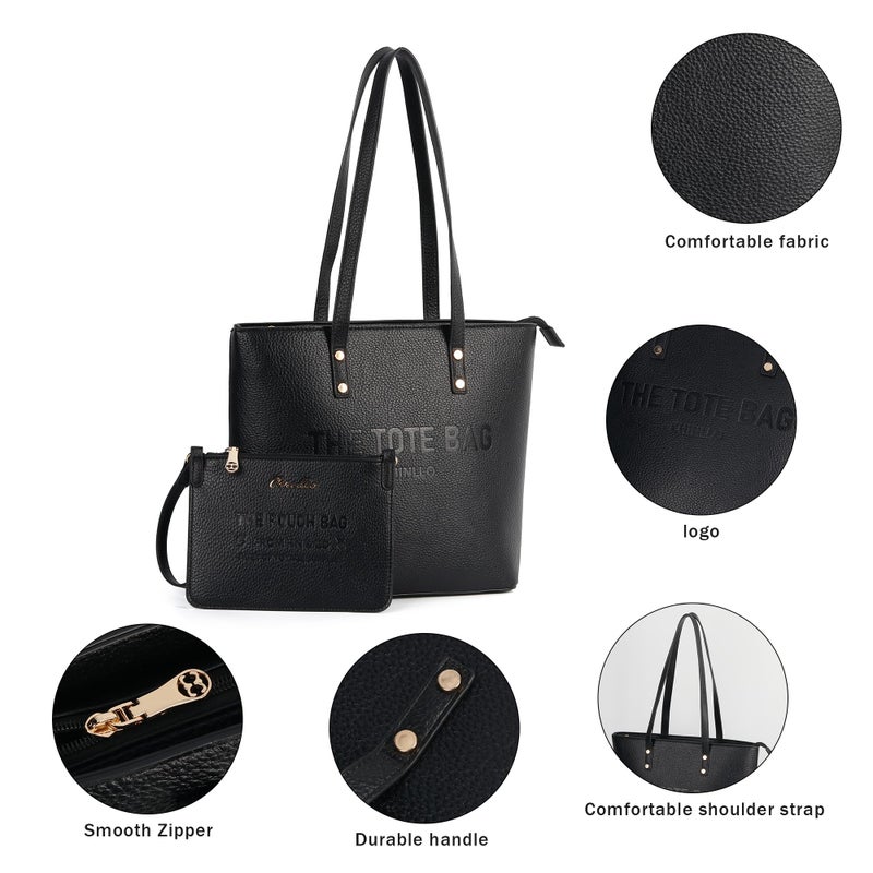 Chinllo Tote Bag for Women, Medium Top Handle Handbags Purse Set with Clutch Bag (D.Black) - Image 4