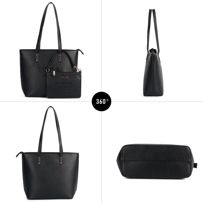 Chinllo Tote Bag for Women, Medium Top Handle Handbags Purse Set with Clutch Bag (D.Black) - Image 5