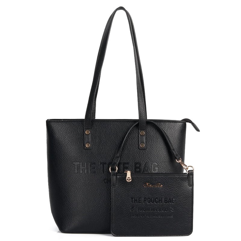 Chinllo Tote Bag for Women, Medium Top Handle Handbags Purse Set with Clutch Bag (D.Black) - Image 1