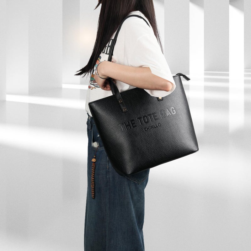 Chinllo Tote Bag for Women, Medium Top Handle Handbags Purse Set with Clutch Bag (D.Black) - Image 2