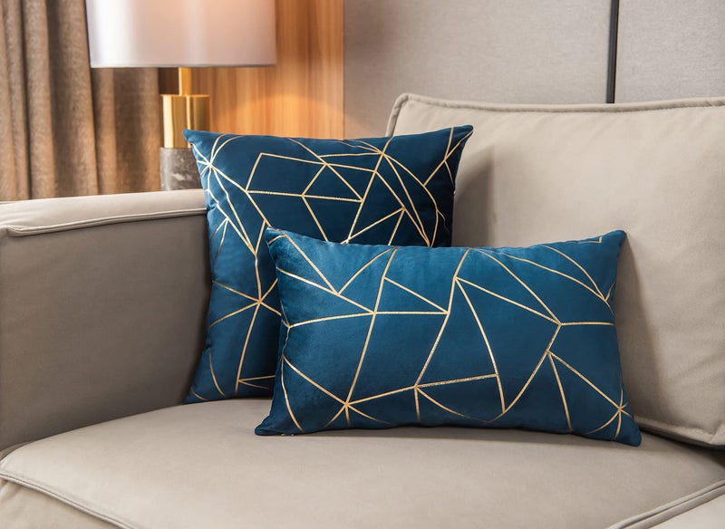 YONGLIU YONGLIU Pack of 2 Soft Velvet Lumbar Throw Pillow Covers Decorative Golden Foil Geometric Pattern Rectangle Cushion Case for Modern Homes Couch Sofa Bedroom Car Chair (Galaxy Blue  12X20 )  - Image 4