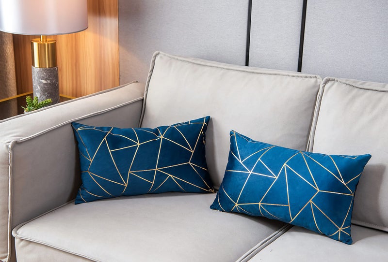 YONGLIU YONGLIU Pack of 2 Soft Velvet Lumbar Throw Pillow Covers Decorative Golden Foil Geometric Pattern Rectangle Cushion Case for Modern Homes Couch Sofa Bedroom Car Chair (Galaxy Blue  12X20 )  - Image 2