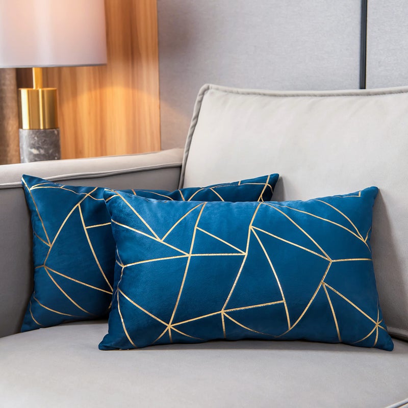 YONGLIU YONGLIU Pack of 2 Soft Velvet Lumbar Throw Pillow Covers Decorative Golden Foil Geometric Pattern Rectangle Cushion Case for Modern Homes Couch Sofa Bedroom Car Chair (Galaxy Blue  12X20 )  - Image 1