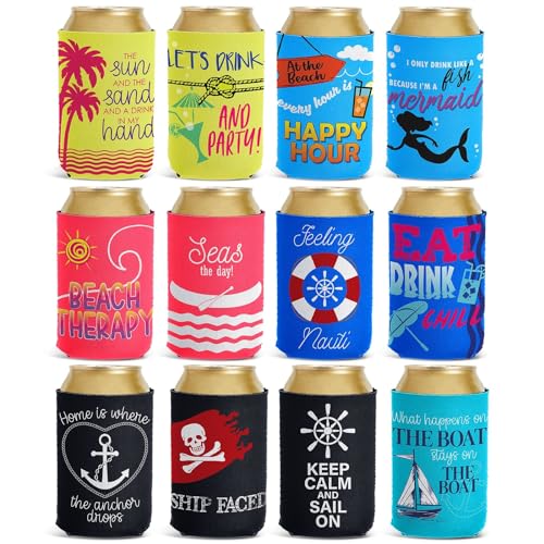 BLUE PANDA Neoprene Can Cooler Sleeves - 12-Pack 12 oz Multicolor Bottles & Cans - Insulated Beach Cozies & Drink Cozy Sleeves - Cruise-Themed Party Favors - Image 1