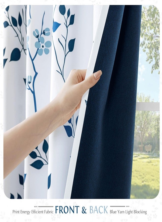 Beauoop Floral 100% Blackout Curtains 63 Inch Length 2 Panels for Bedroom Living Room Navy Blue and White Flower Patterned Room Darkening Thermal Soundproof Grommet Window Treatments Drapes, 52X63 - Image 3