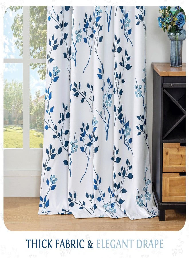 Beauoop Floral 100% Blackout Curtains 63 Inch Length 2 Panels for Bedroom Living Room Navy Blue and White Flower Patterned Room Darkening Thermal Soundproof Grommet Window Treatments Drapes, 52X63 - Image 4