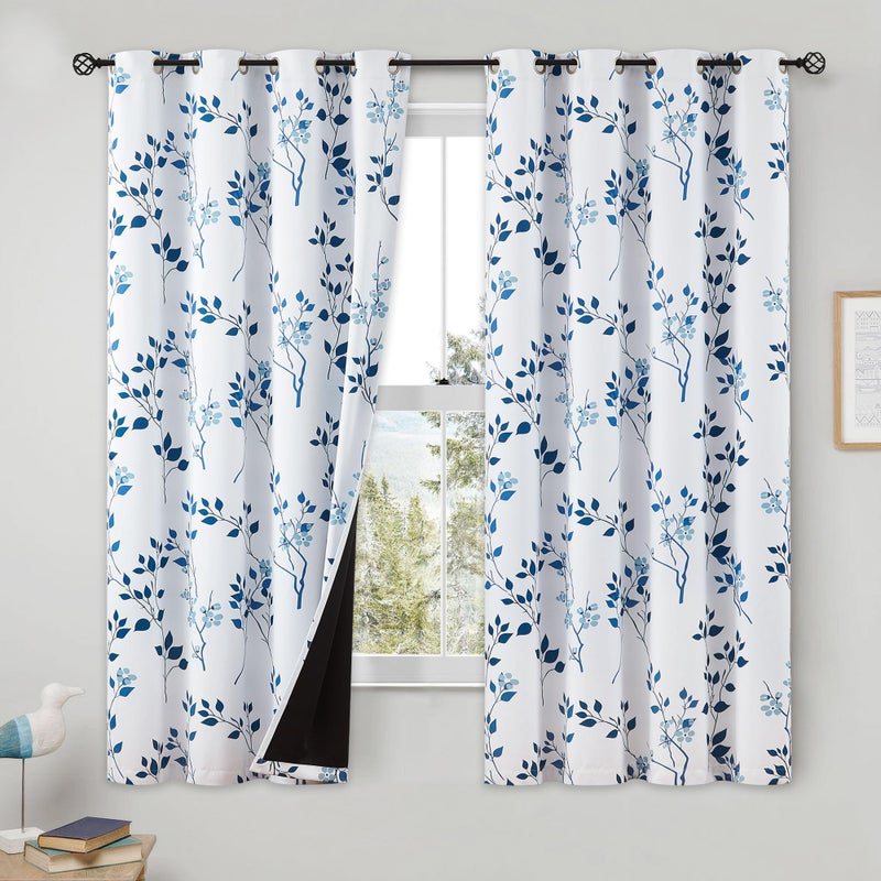 Beauoop Floral 100% Blackout Curtains 63 Inch Length 2 Panels for Bedroom Living Room Navy Blue and White Flower Patterned Room Darkening Thermal Soundproof Grommet Window Treatments Drapes, 52X63 - Image 1