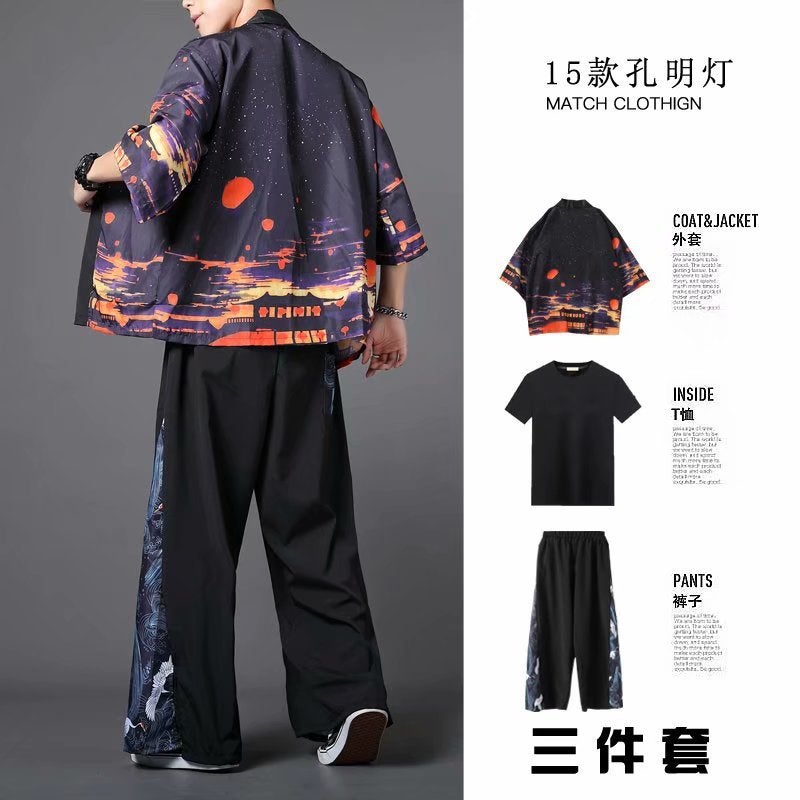 Hanfu Three-Piece Set Summer Chinese Style Robe for Men and Women Couples Fairy Style Loose Straight-Leg Wide-Leg Pants Set Class Clothes 15 Kongming Lantern Black 3-piece Set 