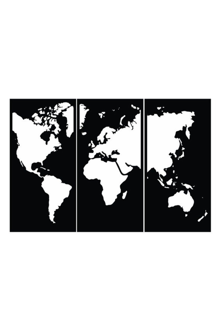 MIRFA Wooden Wall Art With Self Adhesive Base - Black (World Map in 3 Black Frames) - Image 1