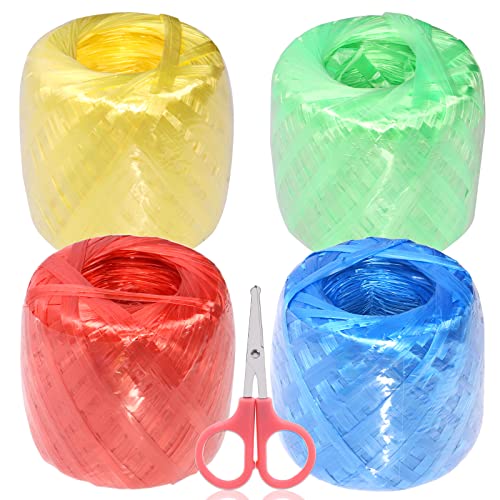 Tanstic 4 Rolls 4 Colors Polyester Nylon Plastic Rope Twine with Scissors, 35MM Width and 180M/590Ft Length Plastic Rope for Packing, Gardening(Green/Red/Yellow/Blue) - Image 1