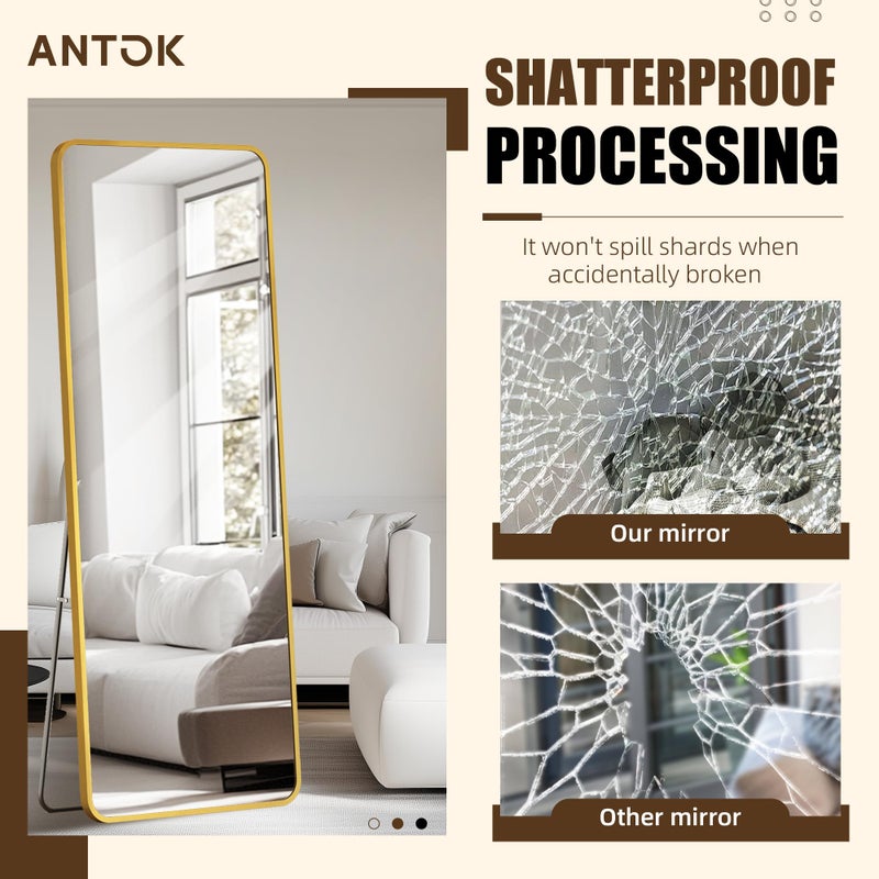 Antok Over The Door Mirror Full Length, 49'' x 14''Wall Mounted Hanging Mirror, Aluminum Alloy Frame, Shatterproof Glass, No Drill Installation for Bedroom, Closet, Bathroom, Dorm, Round Corner,Gold - Image 3