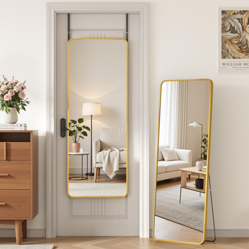 Antok Over The Door Mirror Full Length, 49'' x 14''Wall Mounted Hanging Mirror, Aluminum Alloy Frame, Shatterproof Glass, No Drill Installation for Bedroom, Closet, Bathroom, Dorm, Round Corner,Gold - Image 1