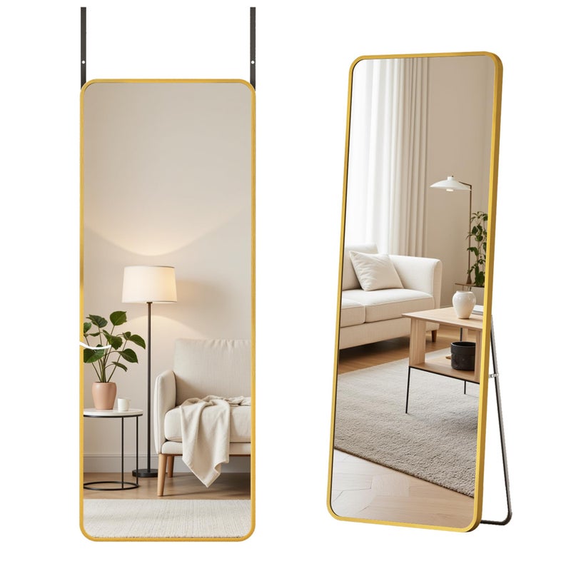 Antok Over The Door Mirror Full Length, 49'' x 14''Wall Mounted Hanging Mirror, Aluminum Alloy Frame, Shatterproof Glass, No Drill Installation for Bedroom, Closet, Bathroom, Dorm, Round Corner,Gold - Image 2