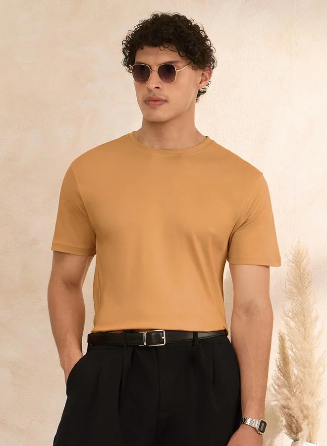 The Souled Store Men Tan Supima Cotton Round Neck T-Shirt