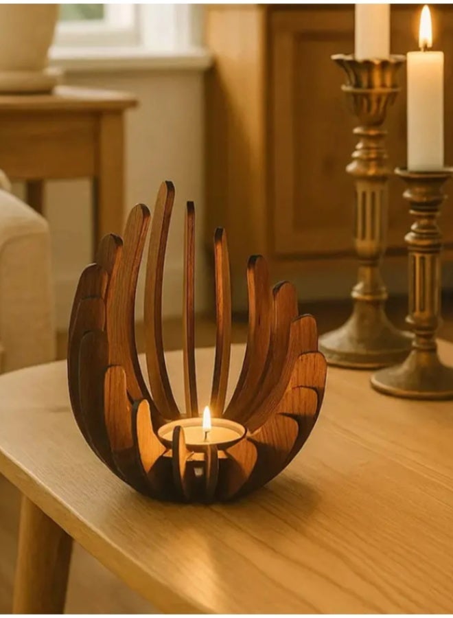 Nordic Style Artistic Wooden Lotus Petal Tealight Candle Holder with Modern Sliced Wood Design for Elegant Home Decor, Table Centerpiece, Yoga Studio, or Relaxing Spa Atmosphere - Image 1